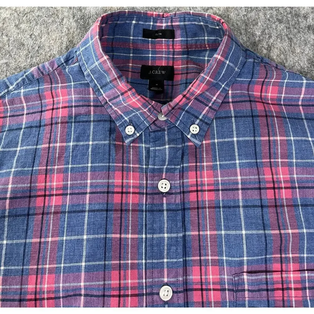 J.Crew Plaid Button Down Dress Shirt / Men Medium / Blue Pink 22579 Slim Fit